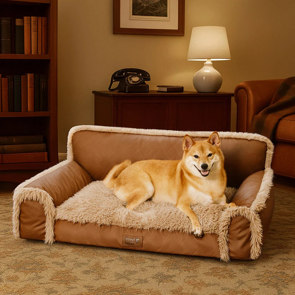 Lit orthopédique pour chien en cuir synthétique et mousse amovible avec peluche - WarmRest