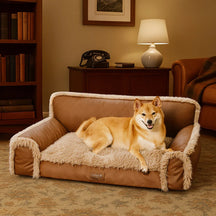 Lit orthopédique pour chien en cuir synthétique et mousse amovible avec peluche - WarmRest