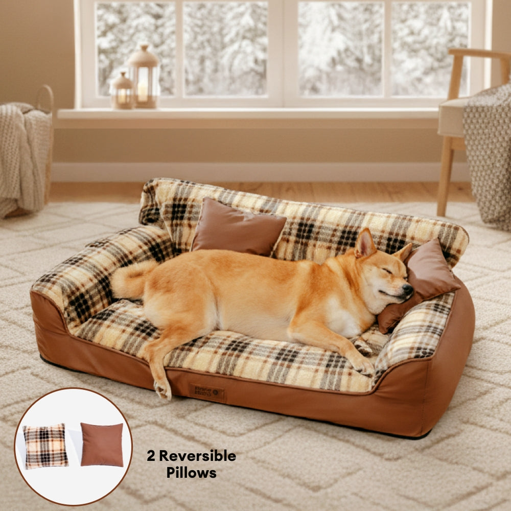 Lit orthopédique pour chien en peluche à carreaux vintage avec coussins - CozyLuxe