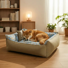 Lit pour chien anti-statique lavable, imprimé floral, toutes saisons.