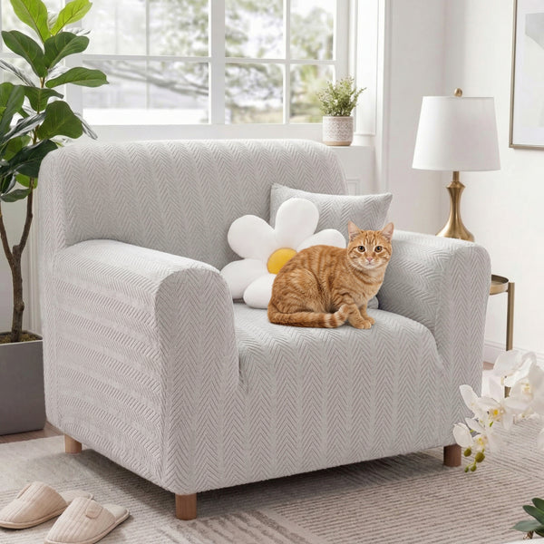 Housse de fauteuil, canapé extensible magique esthétique crème en chevrons élégante
