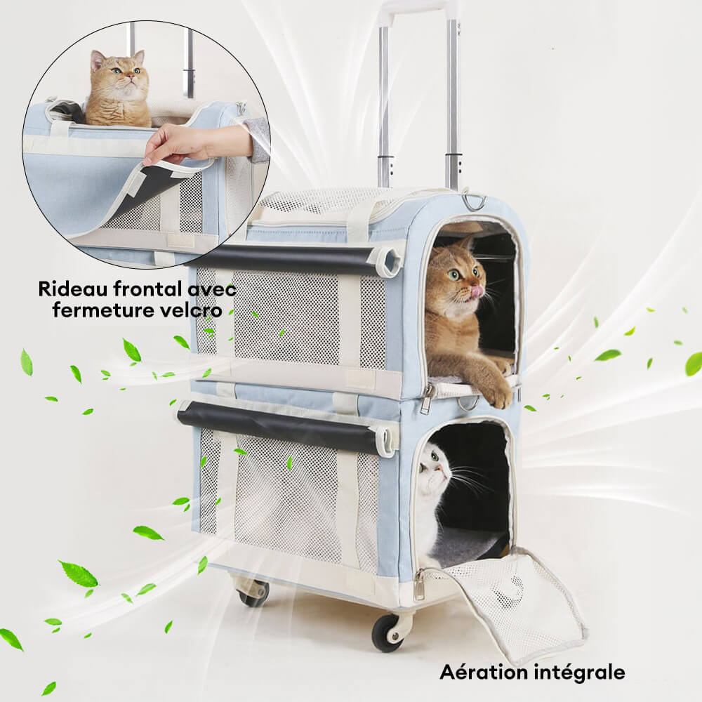 Sac de transport pour animaux à roulettes double couche spacieux pour plusieurs chats