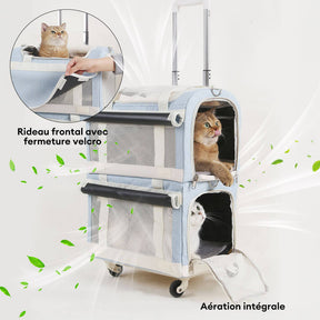 Sac de transport pour animaux à roulettes double couche spacieux pour plusieurs chats