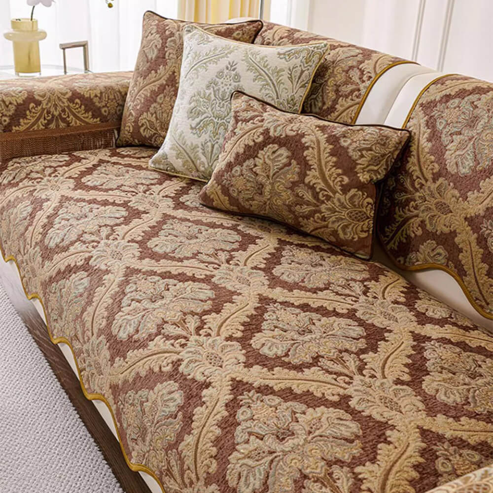 Housse de canapé luxueuse en chenille à motif floral et bords ondulés