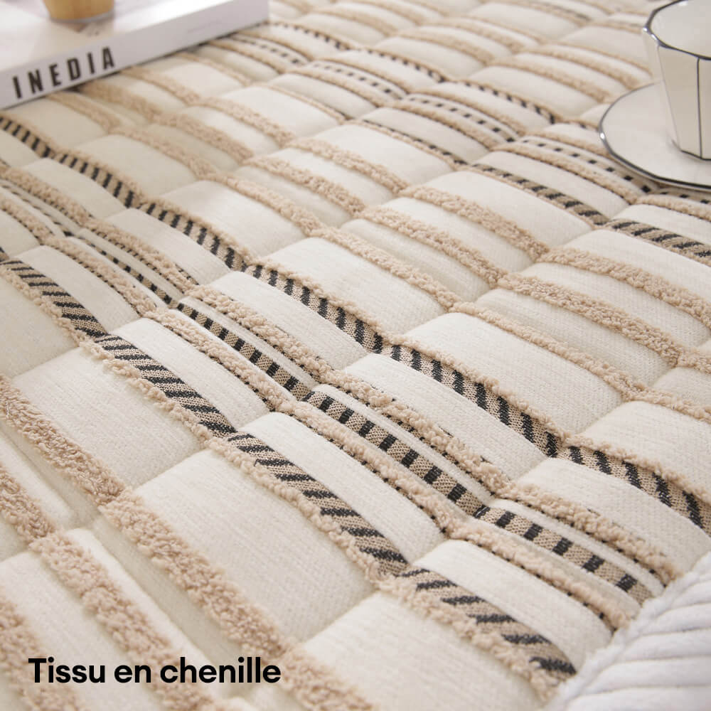 Housse de canapé antidérapante en peluche rayée en chenille avec matelas confortable pour animaux