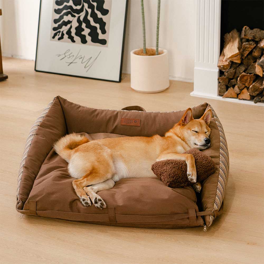 Lit de canapé pliable rayé naturel lavable pour chien - Lounger Mocca