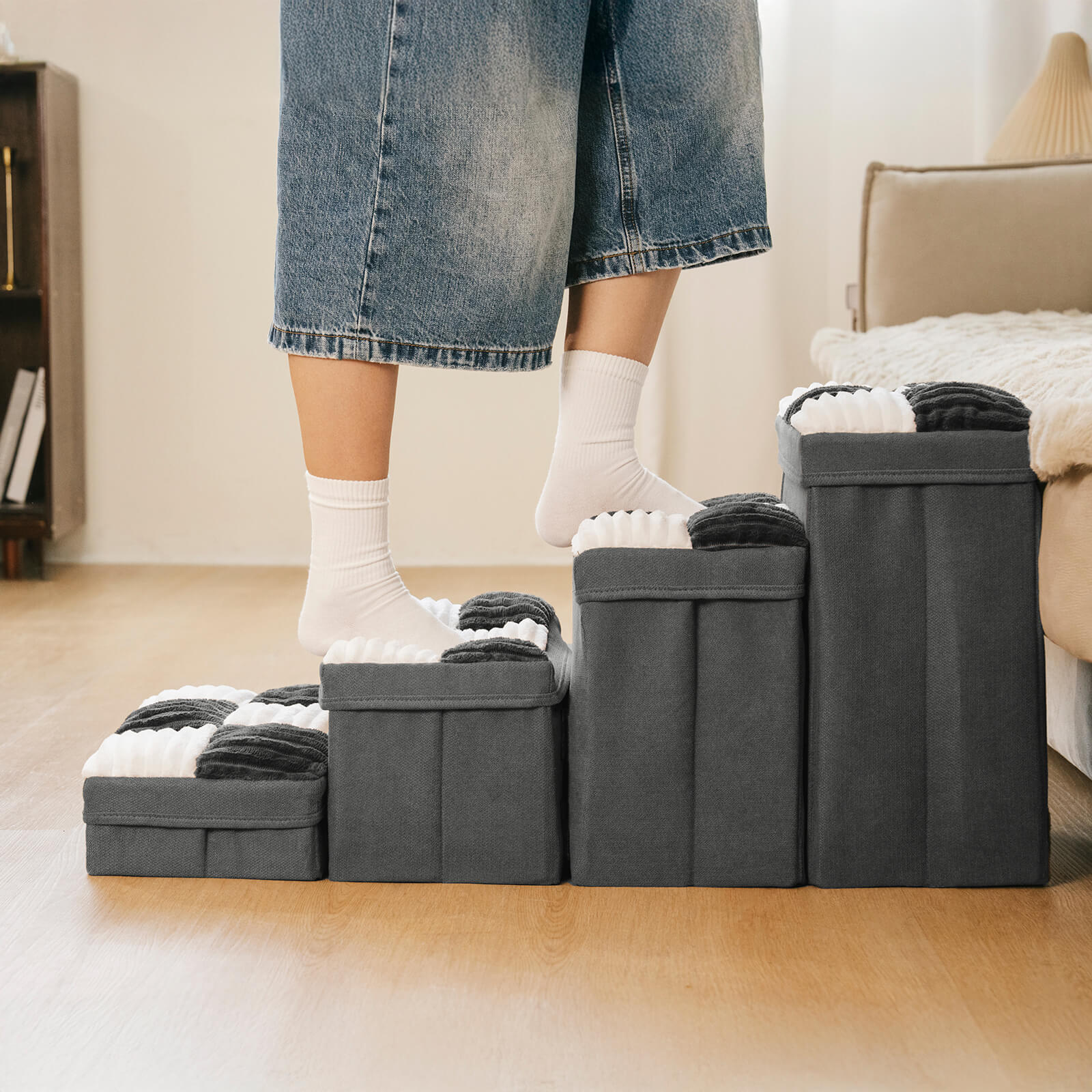 Escalier pour chien en plaid avec échiquier détachable, fait à la main, avec rangement - Marches pliables