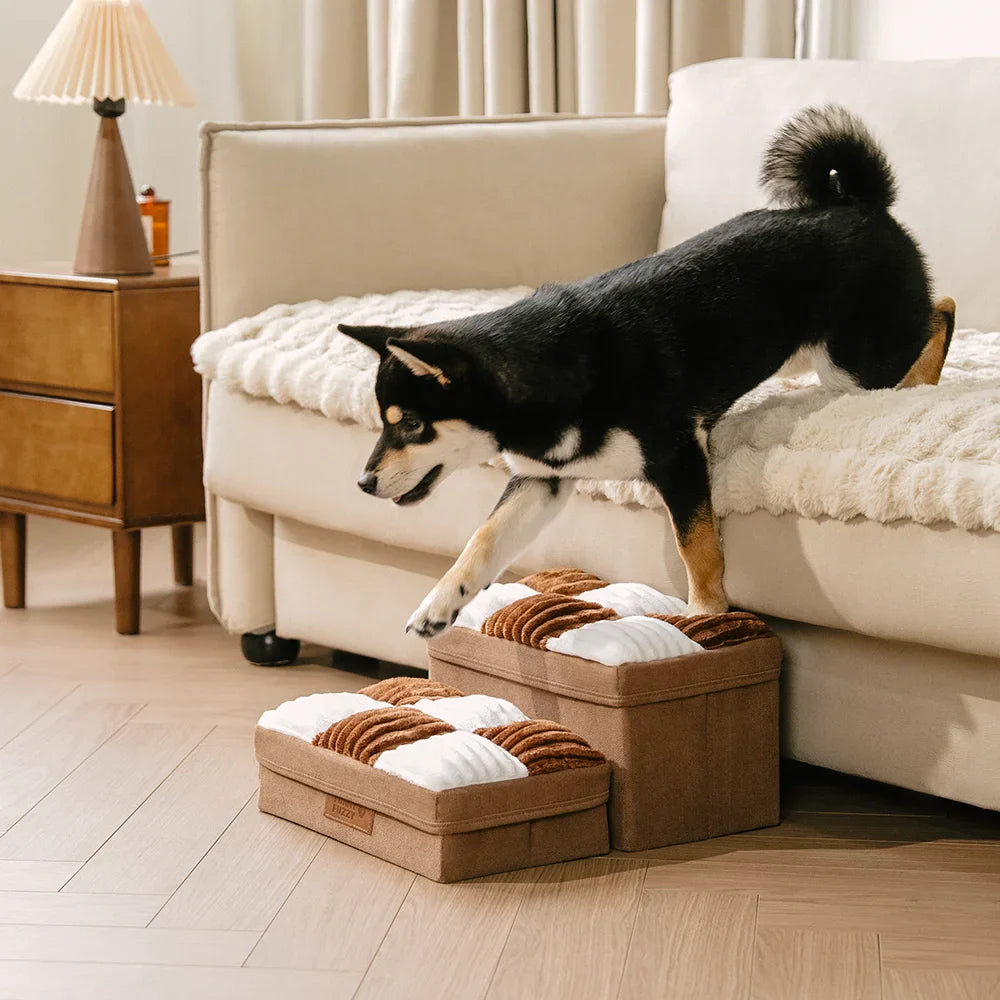 Escalier pour chien en plaid avec échiquier détachable, fait à la main, avec rangement - Marches pliables
