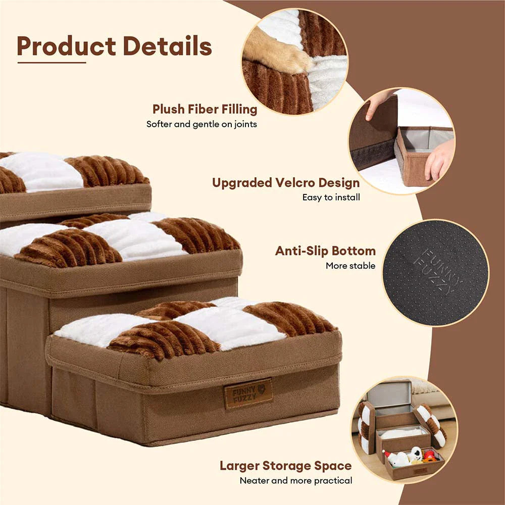 Escalier pour chien en plaid avec échiquier détachable, fait à la main, avec rangement - Marches pliables