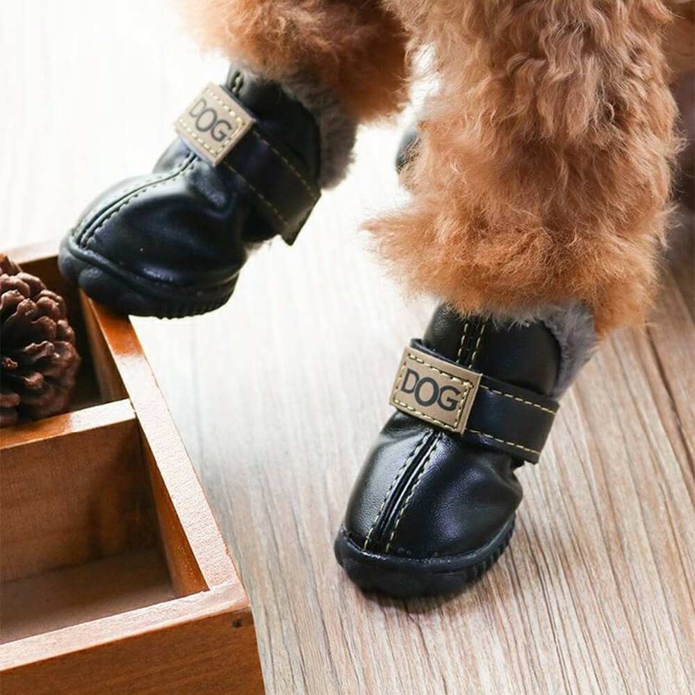 Bottes pour chien en cuir PU imperméables et antidérapantes doublées de peluche