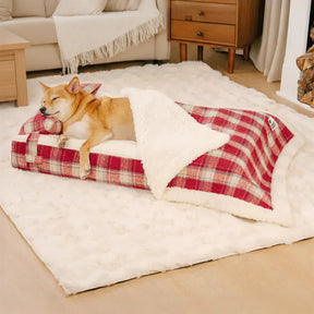 Lit pour chien orthopédique en peluche à carreaux vintage détachable avec coussin - Confort pour chiot