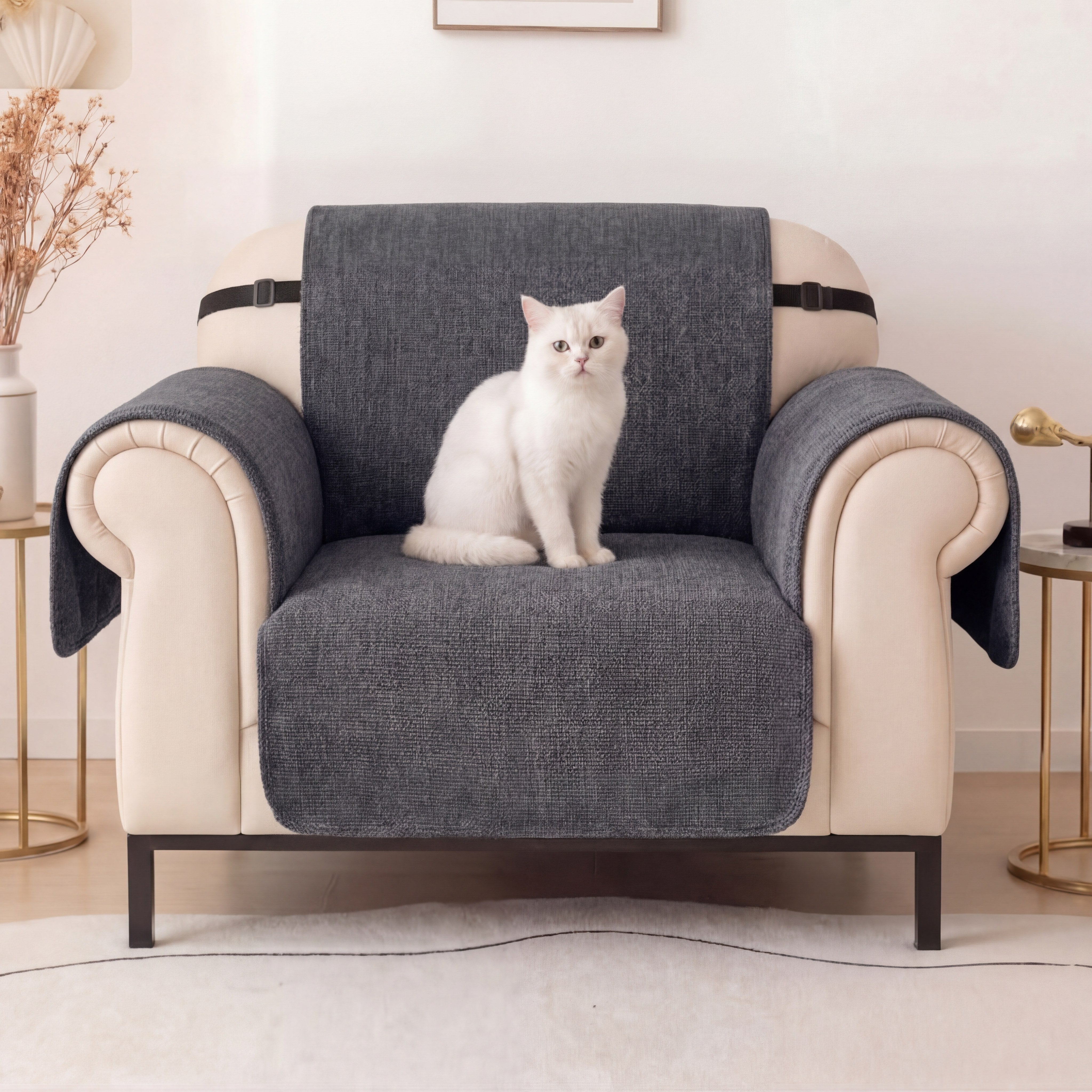 Housse fauteuil de canapé 3 places en chenille résistant aux rayures, durable, déperlant et antidérapant.