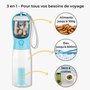 Bouteille d'eau portable pour chien 3 en 1 multifonctionnelle pour les promenades