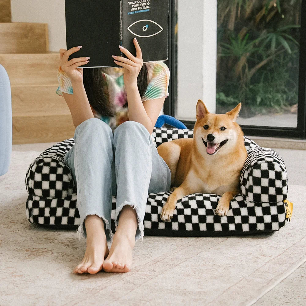 Lit orthopédique pour chien en tissu damier épais et moelleux lavable - CheckMate