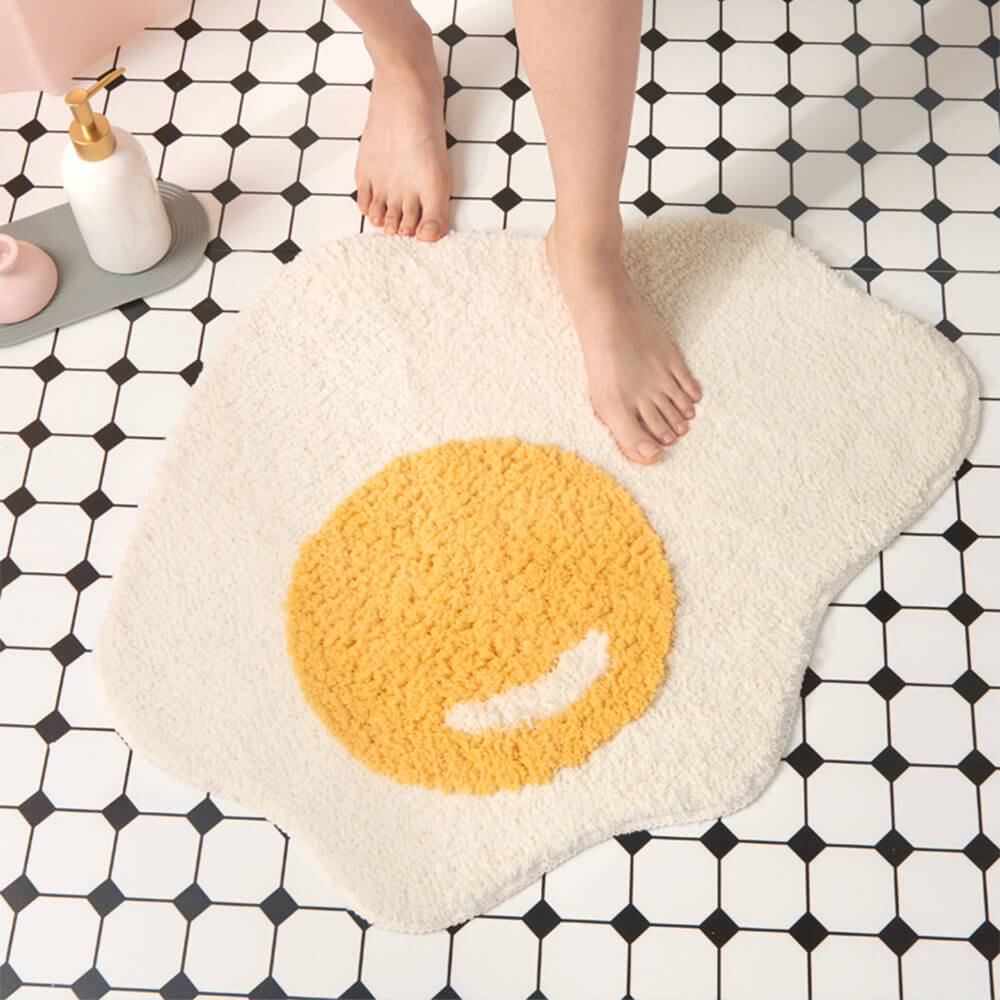 Tapis de Bain Shaggy en Forme d'Oeuf au Plat Multifonction Décoratif Antidérapant