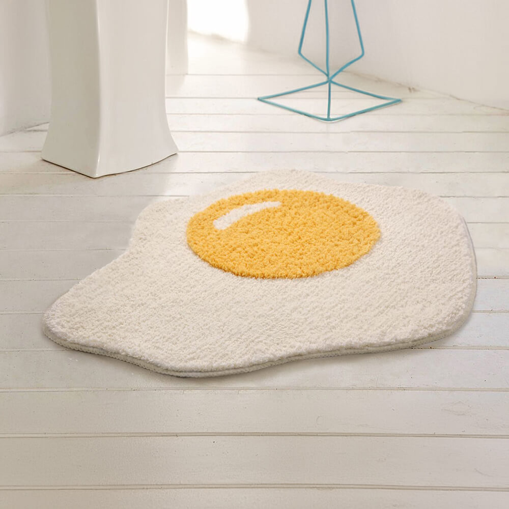 Tapis de Bain Shaggy en Forme d'Oeuf au Plat Multifonction Décoratif Antidérapant