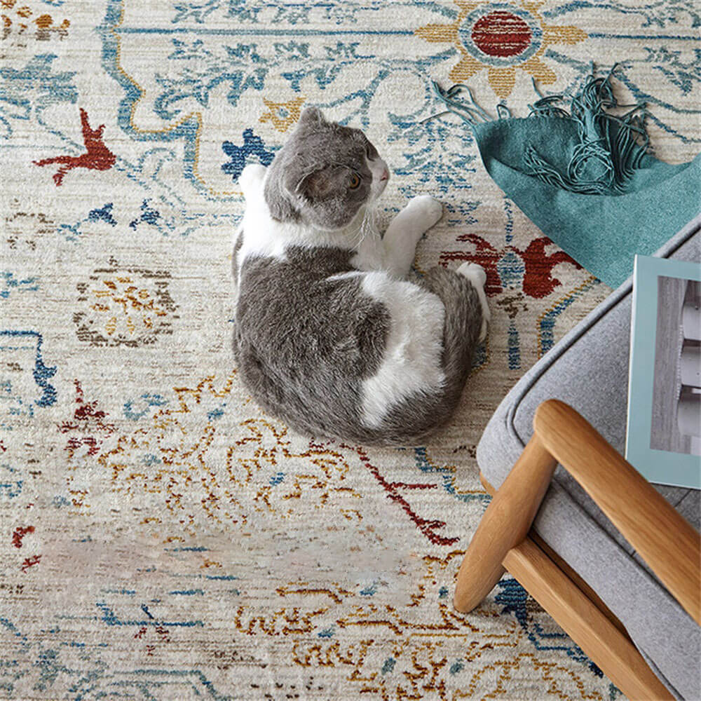 Tapis vintage bleu et crème adapté aux animaux de compagnie - Une élégance intemporelle pour votre maison