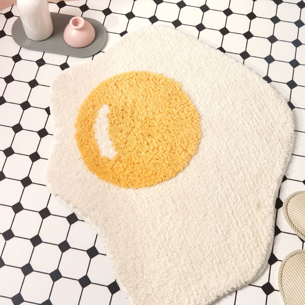 Tapis de Bain Shaggy en Forme d'Oeuf au Plat Multifonction Décoratif Antidérapant