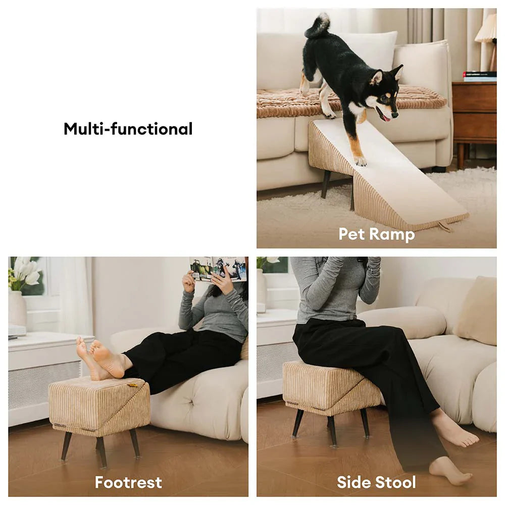 Rampe pour animaux 3-en-1 en velours côtelé confortable avec alliage renforcé et tabouret latéral – StepSure