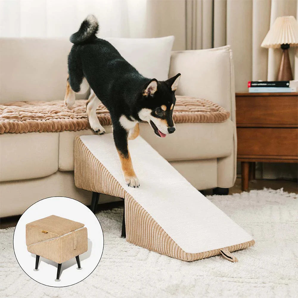 Rampe pour animaux 3-en-1 en velours côtelé confortable avec alliage renforcé et tabouret latéral – StepSure