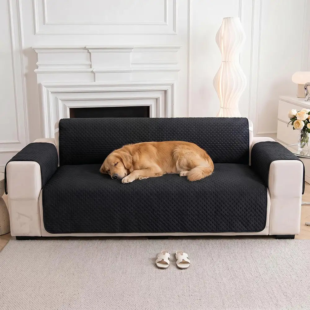 Housse de canapé en une pièce de couleur unie, imperméable, avec des sangles élastiques