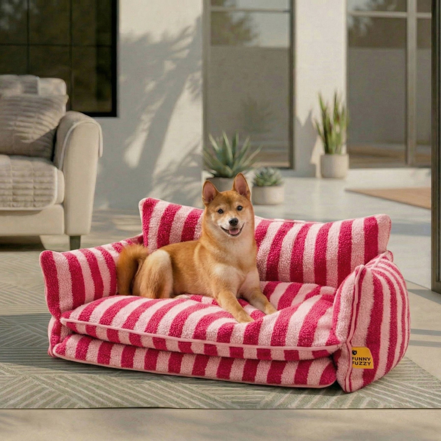 Lit pour chien et chat en faux lambswool à rayures tendance à double couche - Extérieur