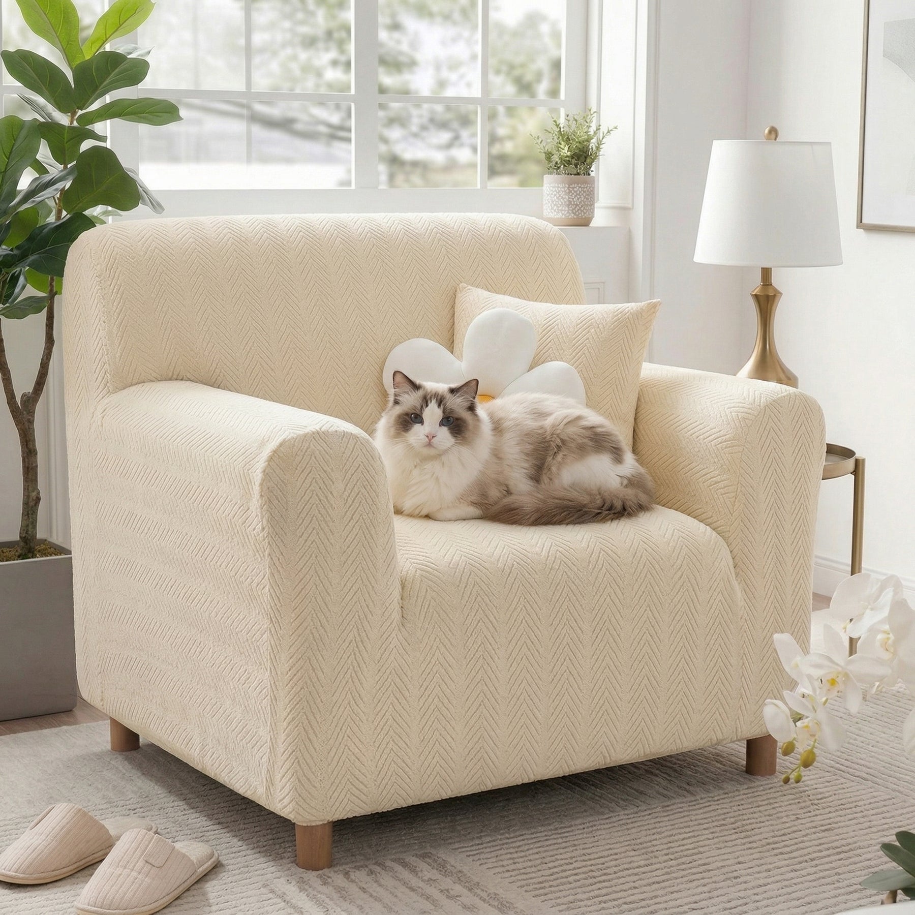 Housse de fauteuil, canapé extensible magique esthétique crème en chevrons élégante