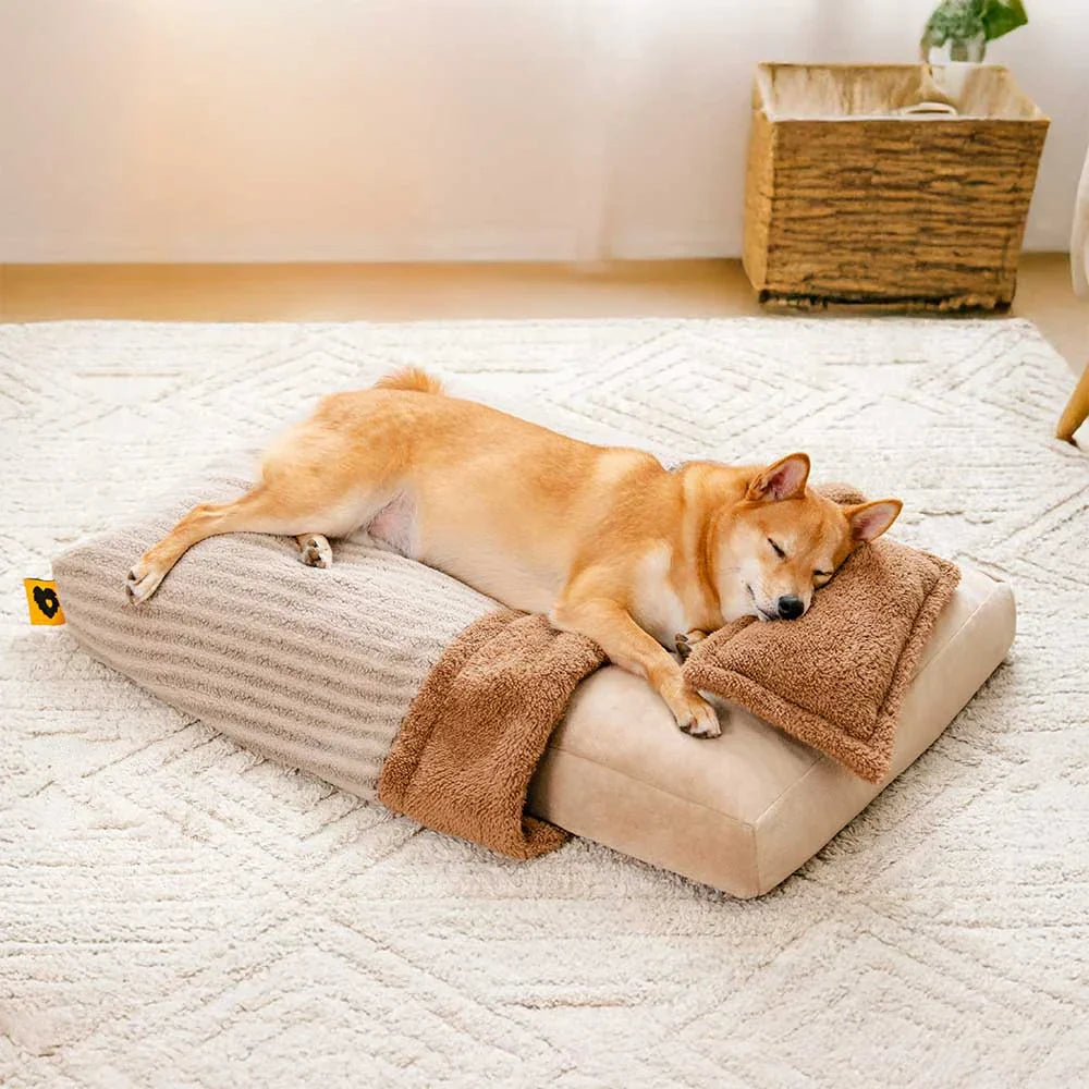 Lit orthopédique pour chien couvert en peluche rayée avec oreiller - FluffyWarm