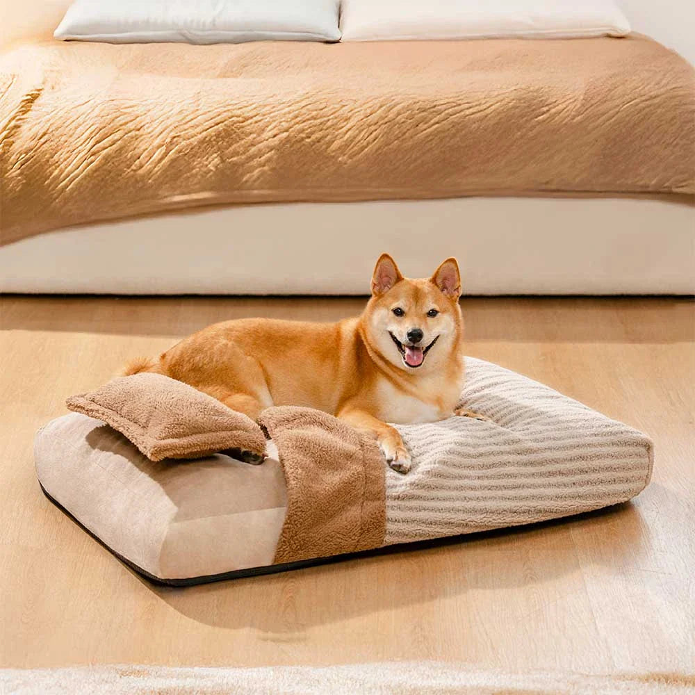 Lit orthopédique pour chien couvert en peluche rayée avec oreiller - FluffyWarm