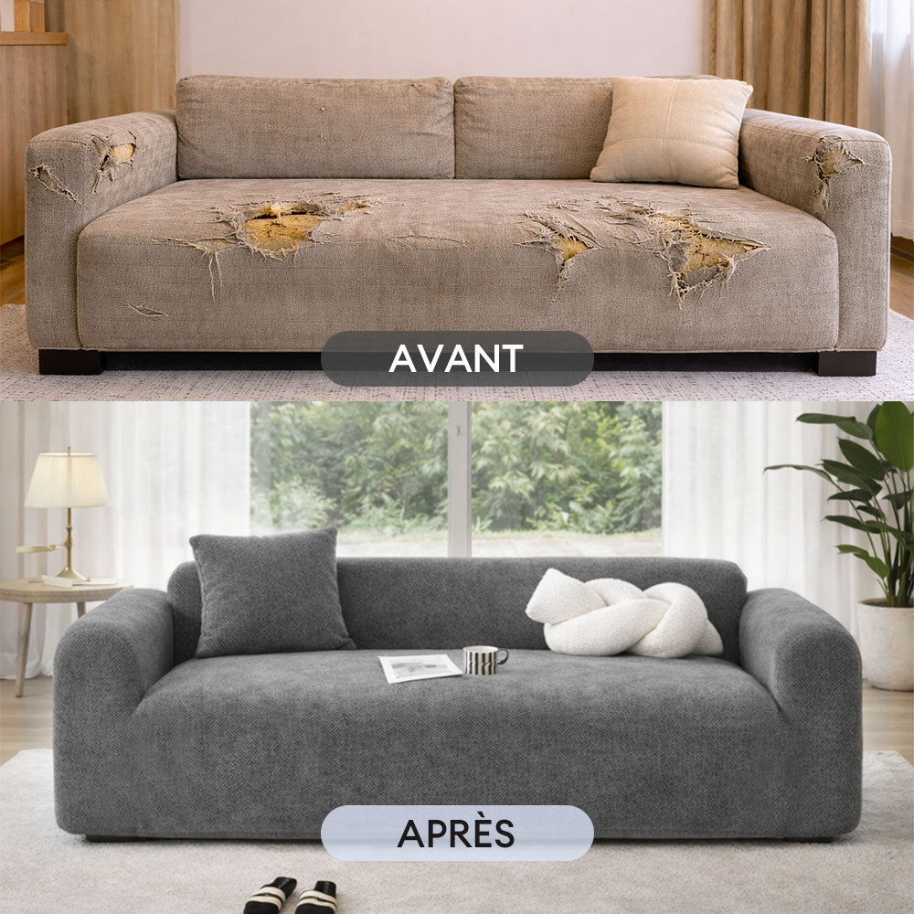 Housse de canapé extensible 3 place en tissu chevrons, pleine couverture, confortable et résistante aux griffures.