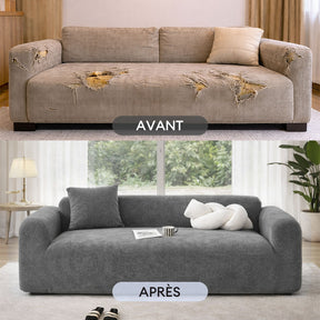 Housse de canapé extensible 3 place en tissu chevrons, pleine couverture, confortable et résistante aux griffures.
