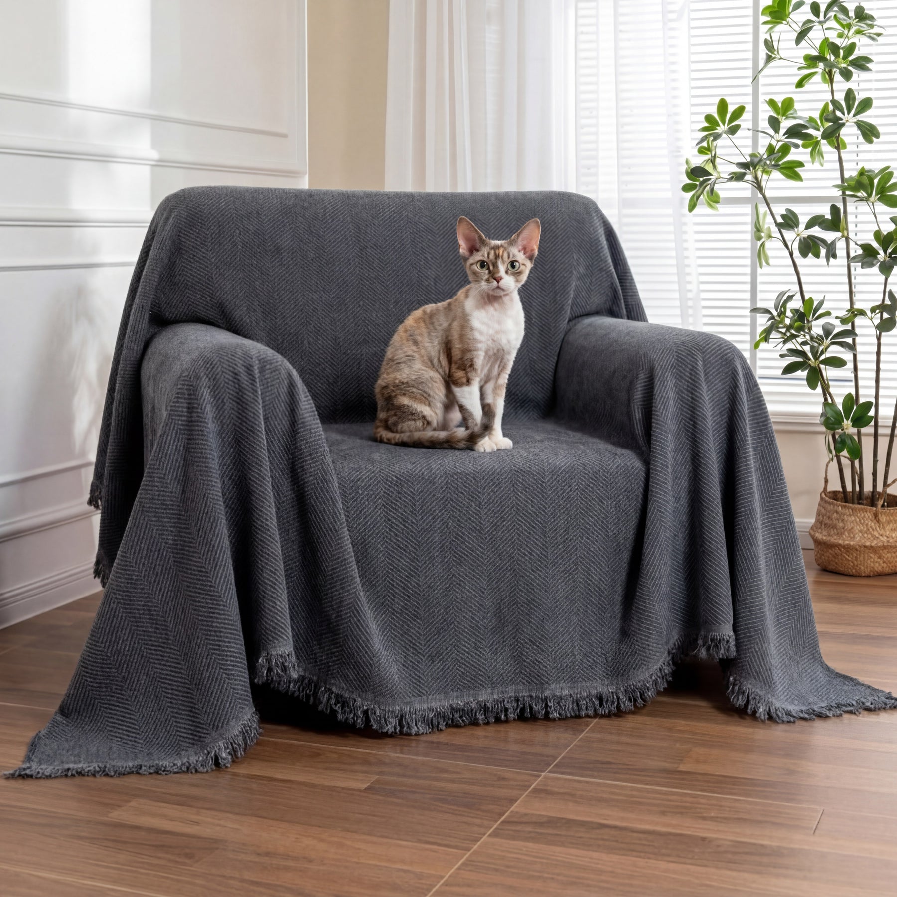 Housse de fauteuil plaid pour canapé en chenille à chevrons et glands