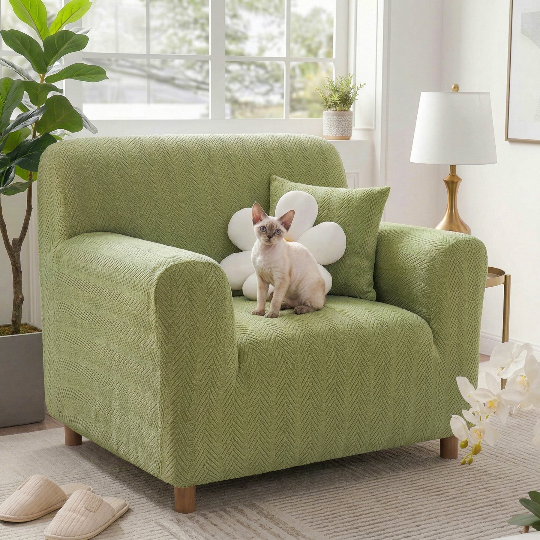 Housse de fauteuil, canapé extensible magique esthétique crème en chevrons élégante