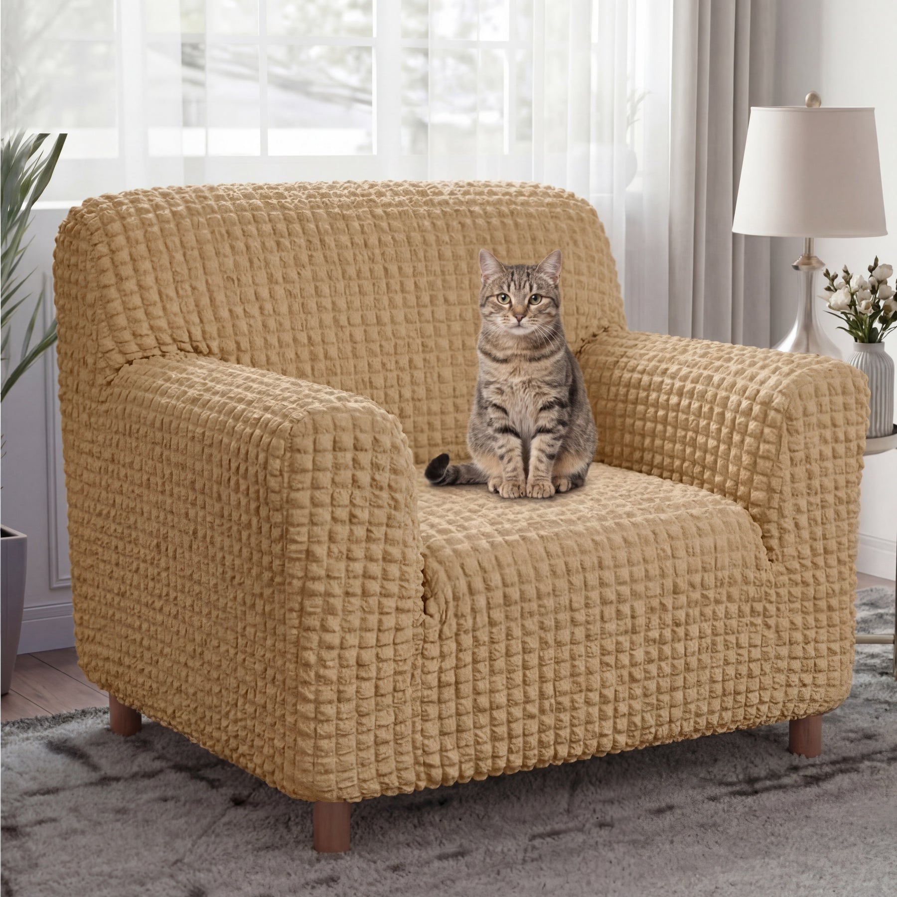 Housse de fauteuil, canapé extensible magique en seersucker et respirant, style crème, à couverture complète.