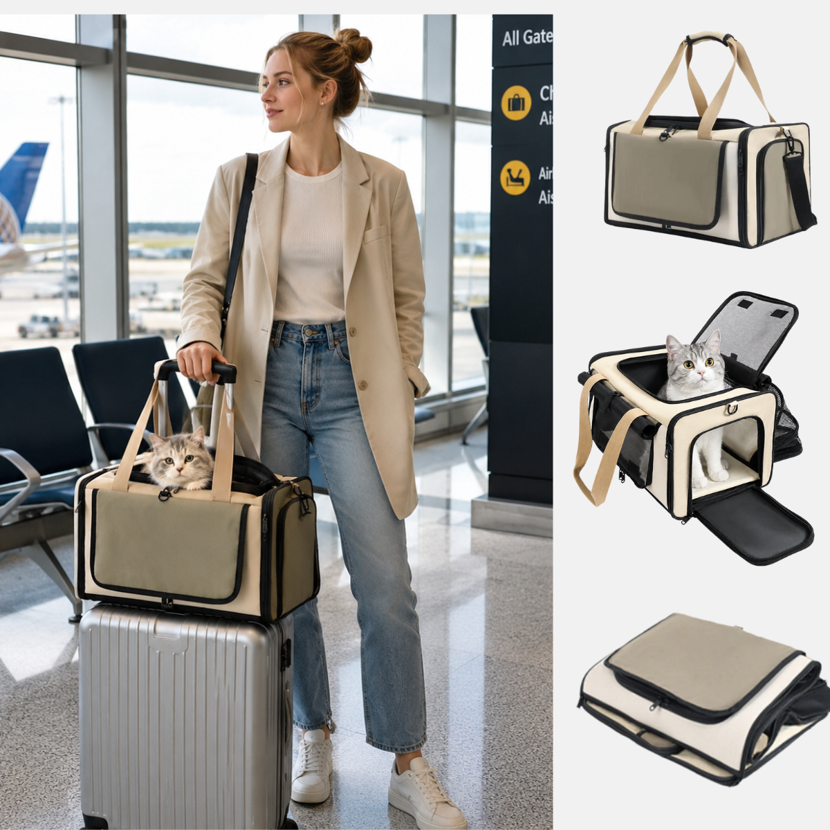 Sac de transport pour chat portable, respirant, de grande capacité et extensible Approuvé par les compagnies aériennes