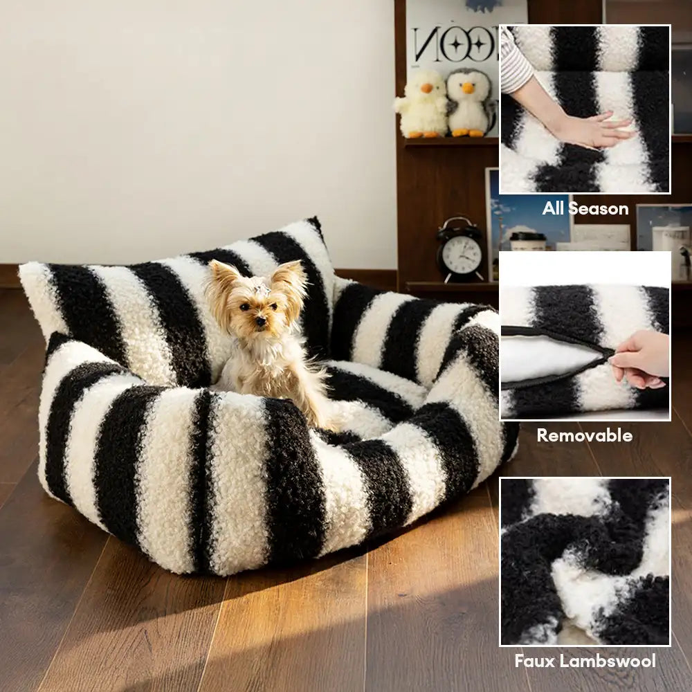 Lit pour chien et chat en fausse laine d’agneau rayures noires et blanches - Clés de piano hiver