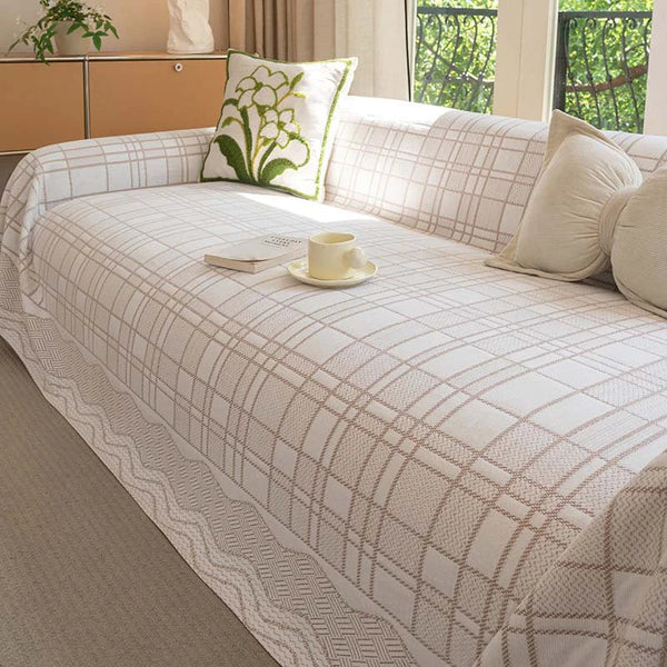 Housse de canapé en chenille respirante à motif à carreaux