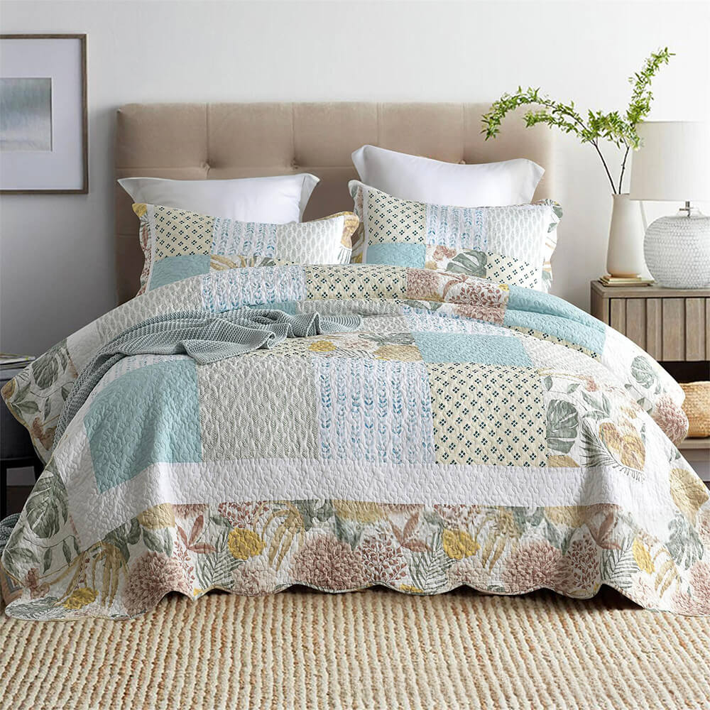 Parure de Lit Reversible en Coton Patchwork Floral Housse de Matelas