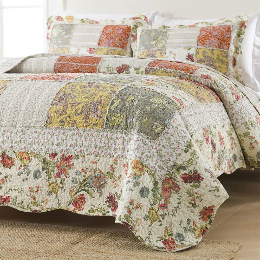 Parure de Lit Reversible en Coton Patchwork Floral Housse de Matelas