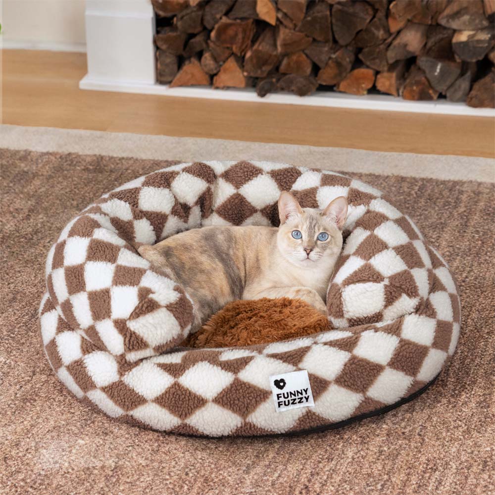 Lit pour chat en forme de donut classique à motif argyle lavable - Havre douillet