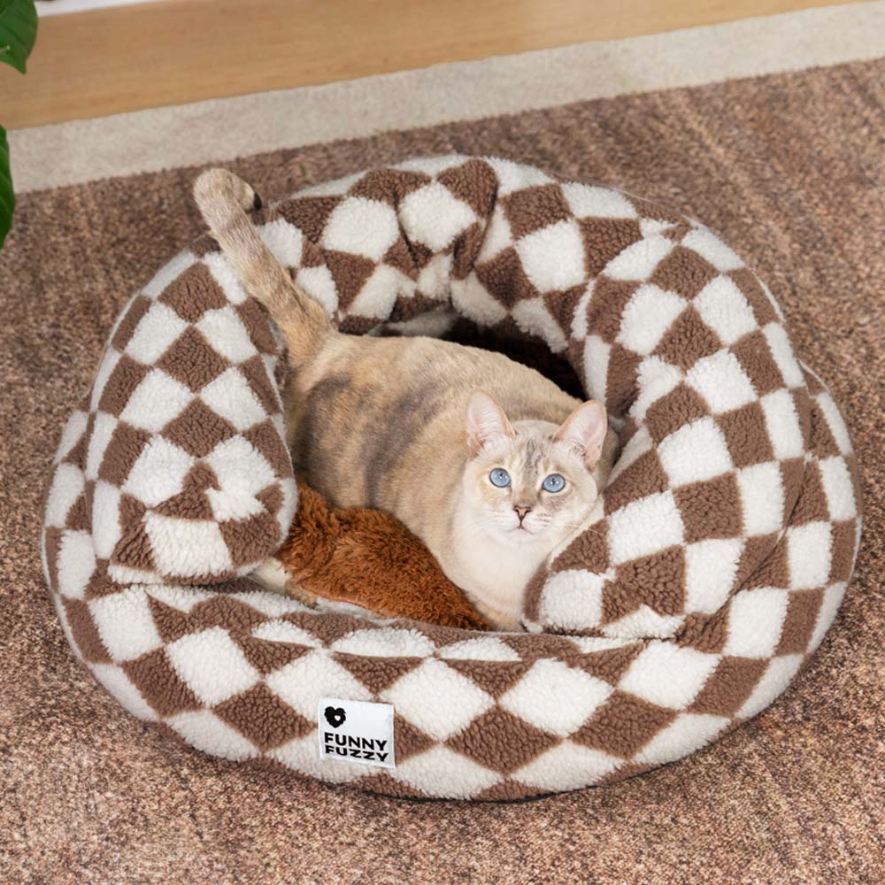 Lit pour chat en forme de donut classique à motif argyle lavable - Havre douillet