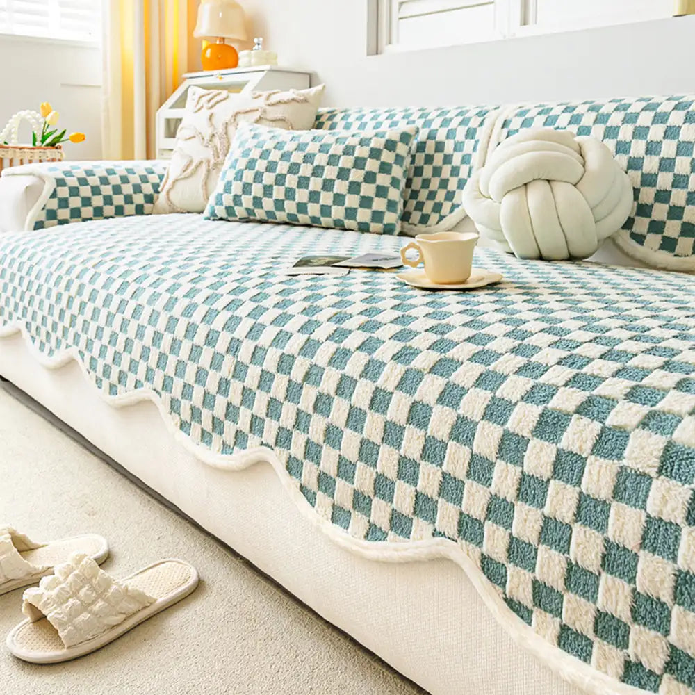 Housse de canapé en peluche à damier classique, confortable, résistante aux rayures et antidérapante.