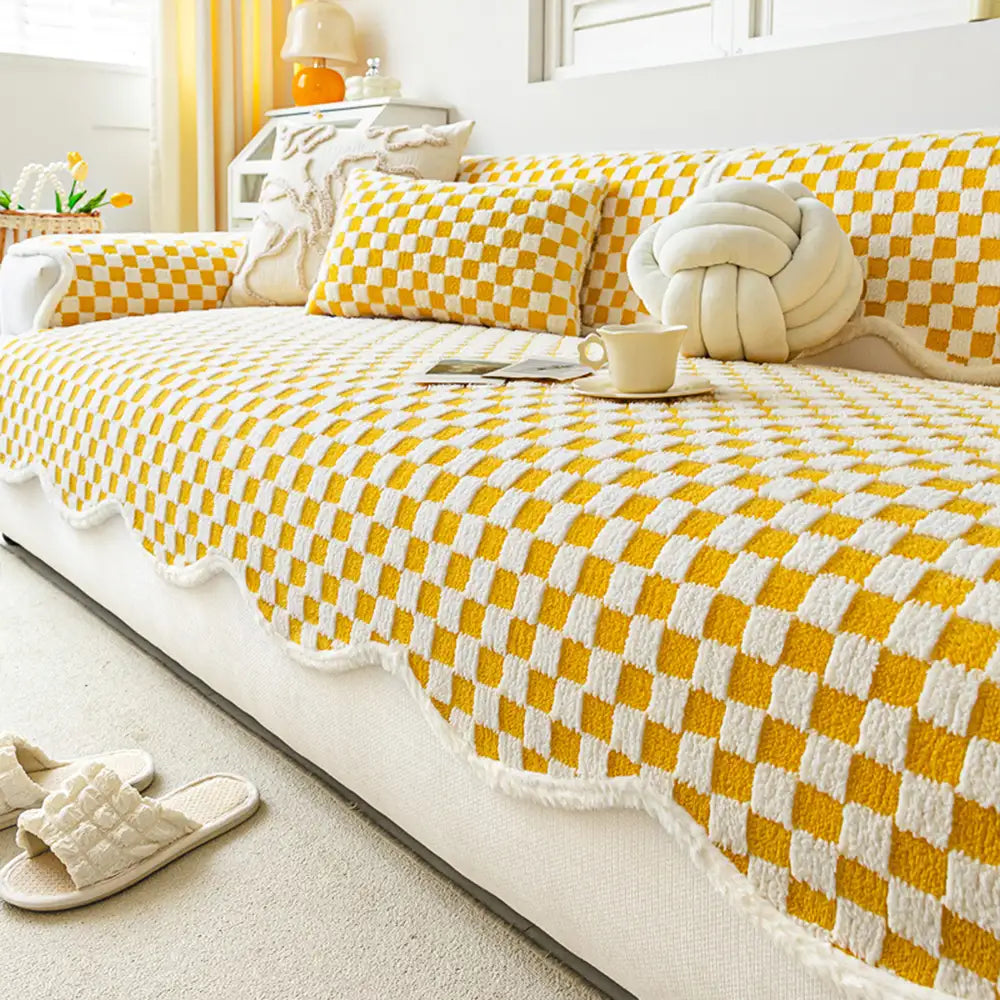 Housse de canapé en peluche à damier classique, confortable, résistante aux rayures et antidérapante.