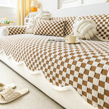 Housse de canapé en peluche à damier classique, confortable, résistante aux rayures et antidérapante.