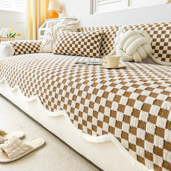 Housse de canapé en peluche à damier classique, confortable, résistante aux rayures et antidérapante.