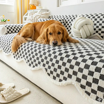 Housse de canapé en peluche à damier classique, confortable, résistante aux rayures et antidérapante.