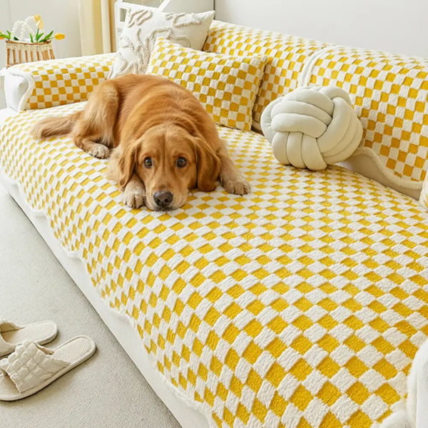 Housse de canapé en peluche à damier classique, confortable, résistante aux rayures et antidérapante.