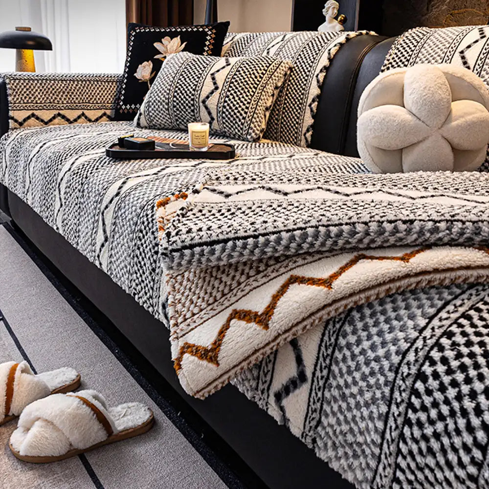 Housse de canapé classique en plaid peluche résistant aux rayures confortable antidérapante