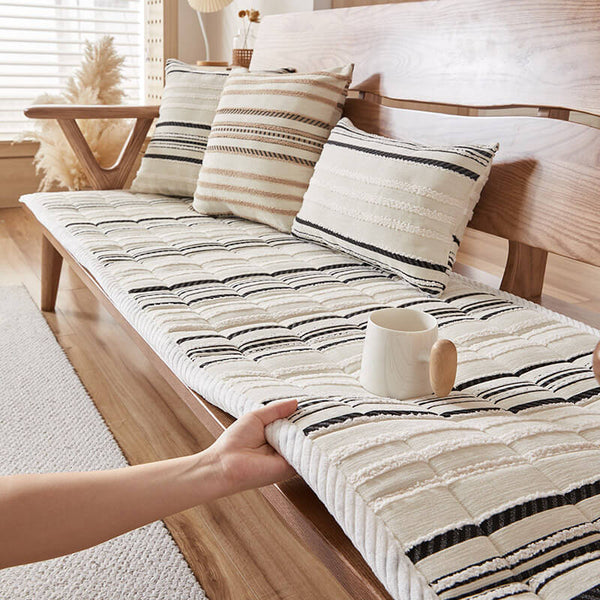 Housse de canapé antidérapante en peluche rayée en chenille avec matelas confortable pour animaux