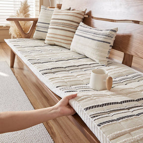 Housse de canapé antidérapante en peluche rayée en chenille avec matelas confortable pour animaux